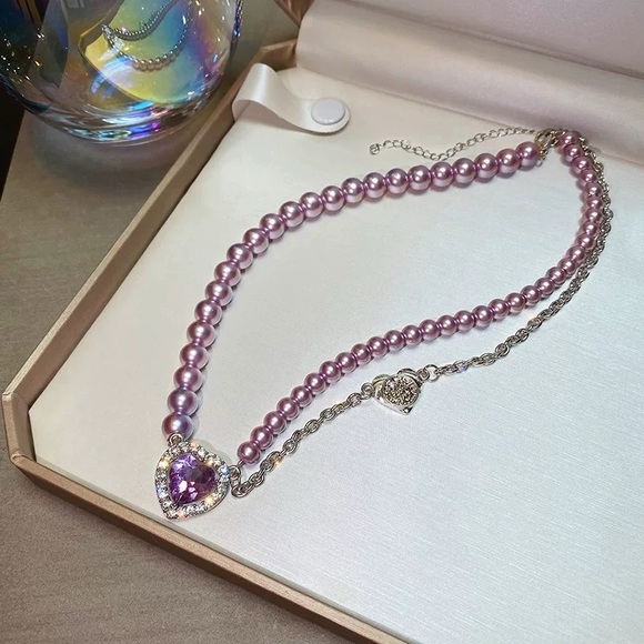 NEW Purple Pearl Heart Pendant Necklace Choker - Picture 2 of 5